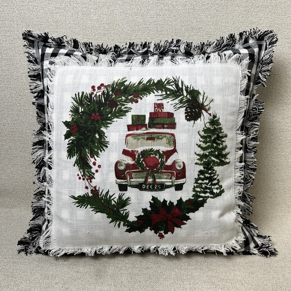 Christmas Pillow Truck Black White Checkered Back‎ 20 x 20 Holiday Decorative